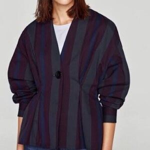 Zara Woman Striped Cotton Blazer Jacket